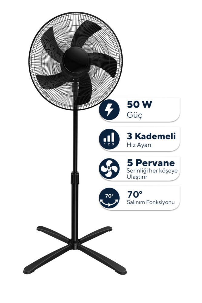 KUMTEL KTF-355 Siyah 16 İnç Ayaklı Vantilatör 50 W,3 Pervaneli,3 Kademeli, 121 cm Yükseklik