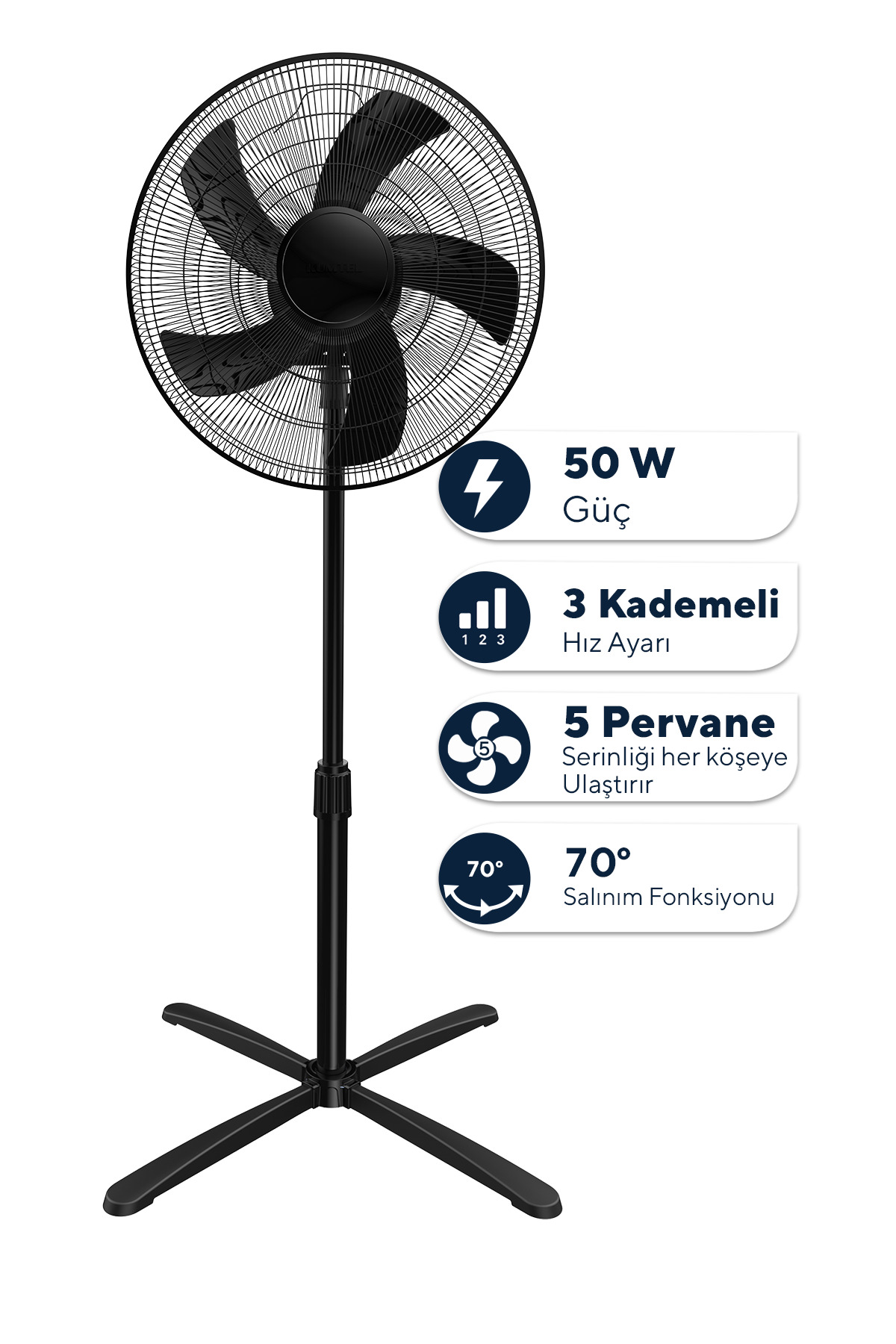 KUMTEL KTF-355 Siyah 16 İnç Ayaklı Vantilatör 50 W,3 Pervaneli,3 Kademeli, 121 cm Yükseklik