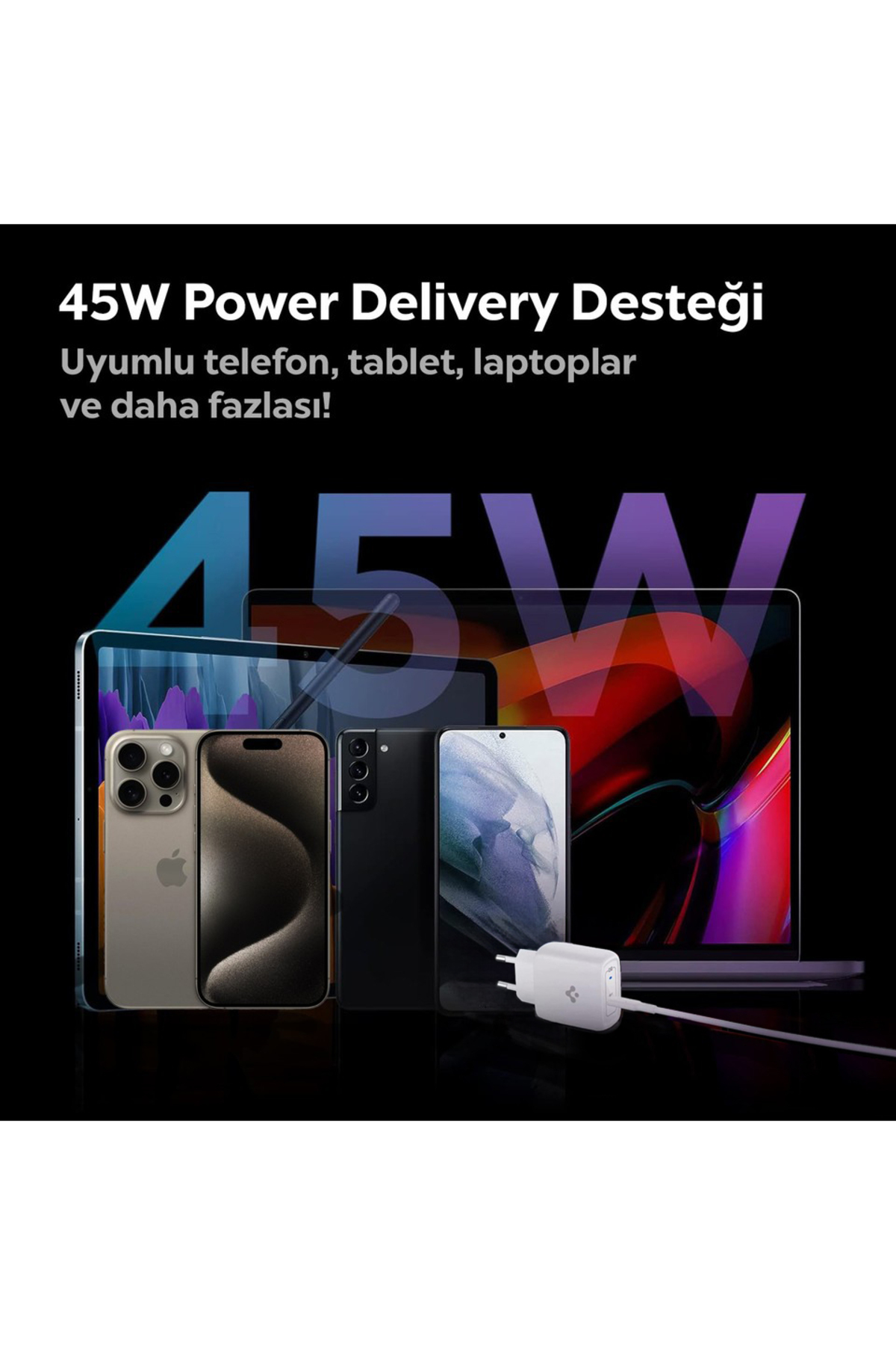 Spigen 45W GaN USB-C Adaptör + USB-C Örgü Şarj Kablo - Super Hızlı Şarj Type-C PE2015 White - ACH02589 - Görsel 3
