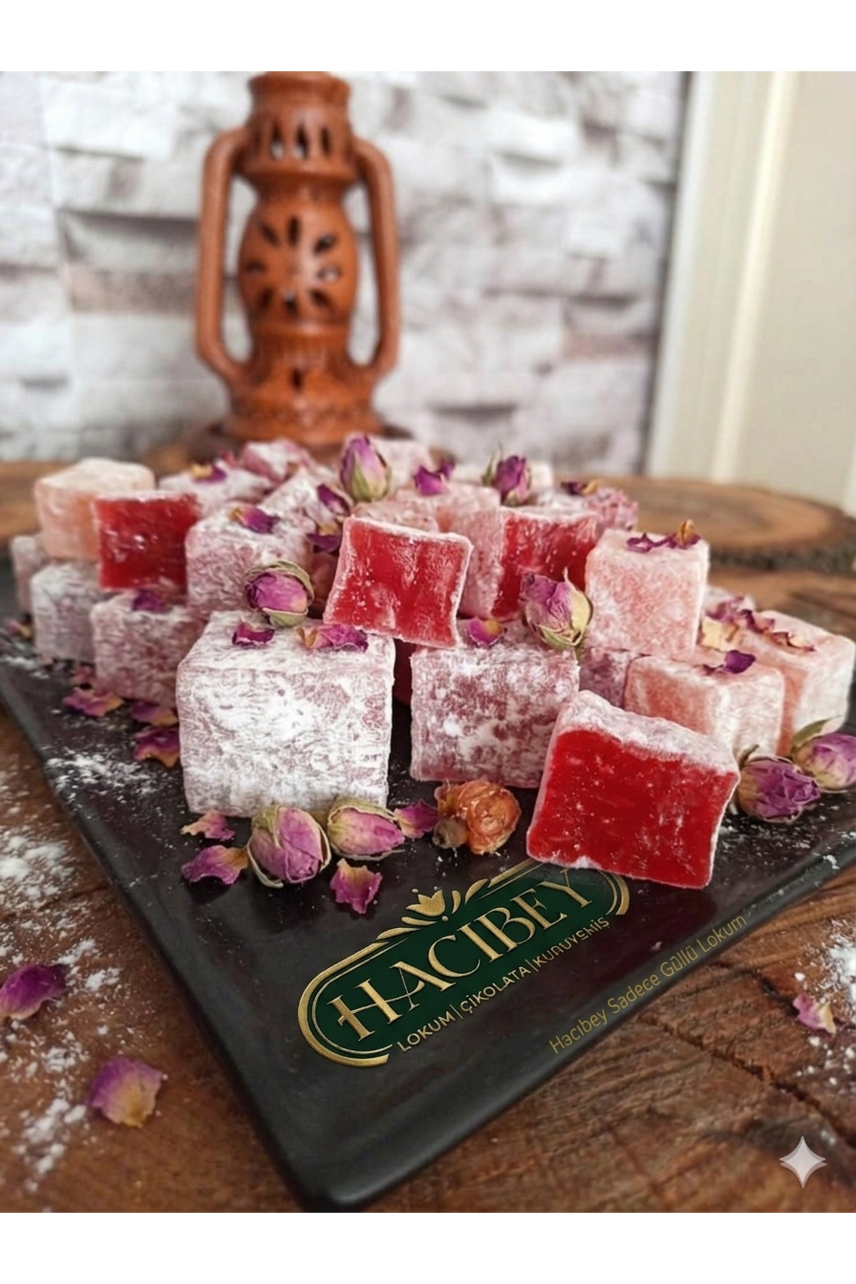HACIBEY LOKUM KURUYEMİŞ ÇİKOLATA GÜLLÜ LOKUM PUDRALI 500 GR. GLİKOZSUZ