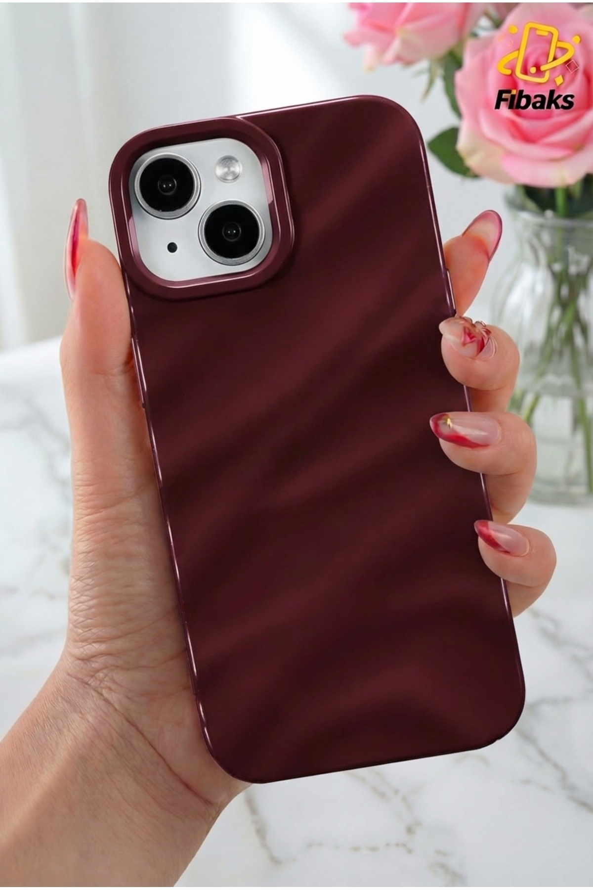 Fibaks iPhone 13/14/15 Kılıf Parlak Kabartmalı Dalga Tasarımlı Desenli Mürdüm Darbe Emici - Görsel 3
