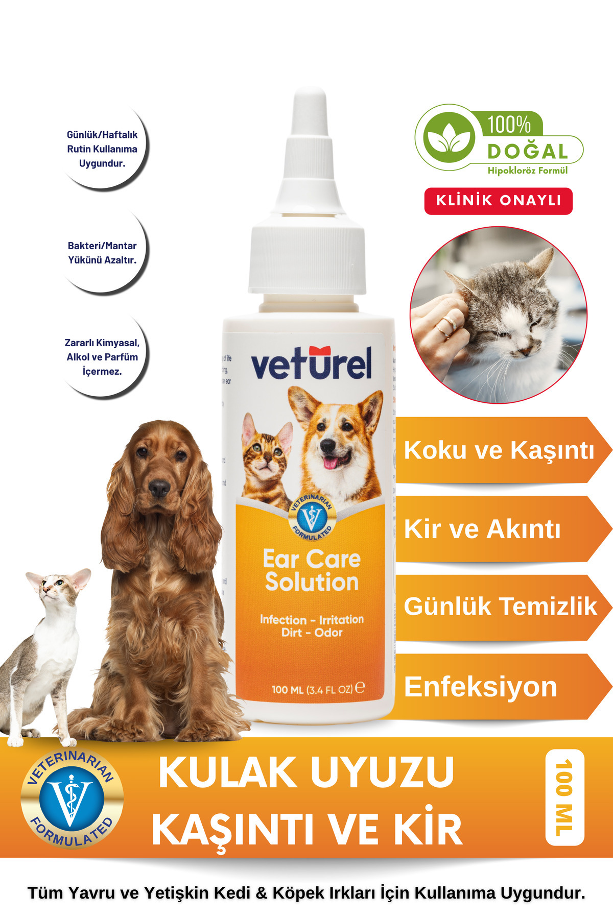 Veturel Kedi Kulak Temizleme Solüsyonu Kir Köpek Kulak Uyuzu Koku Önleyici Bakım 100ml
