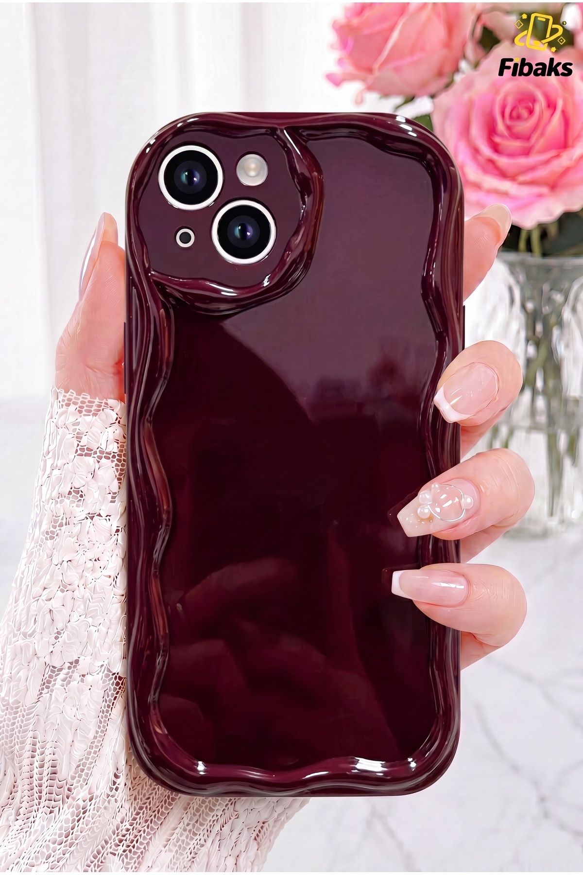 Fibaks iPhone 13/14 Kılıf Kamera Korumalı Dalga Kenarlı Darbe Emici Bordo Silikon Kapak