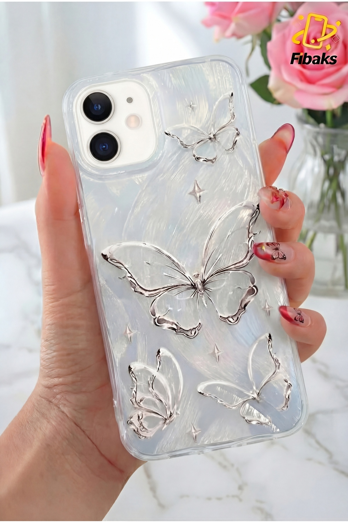 Fibaks iPhone 11 Kılıf Parlak Hologramlı Kelebek Desenli Darbe Emici Kamera Korumalı Renkli Silikon