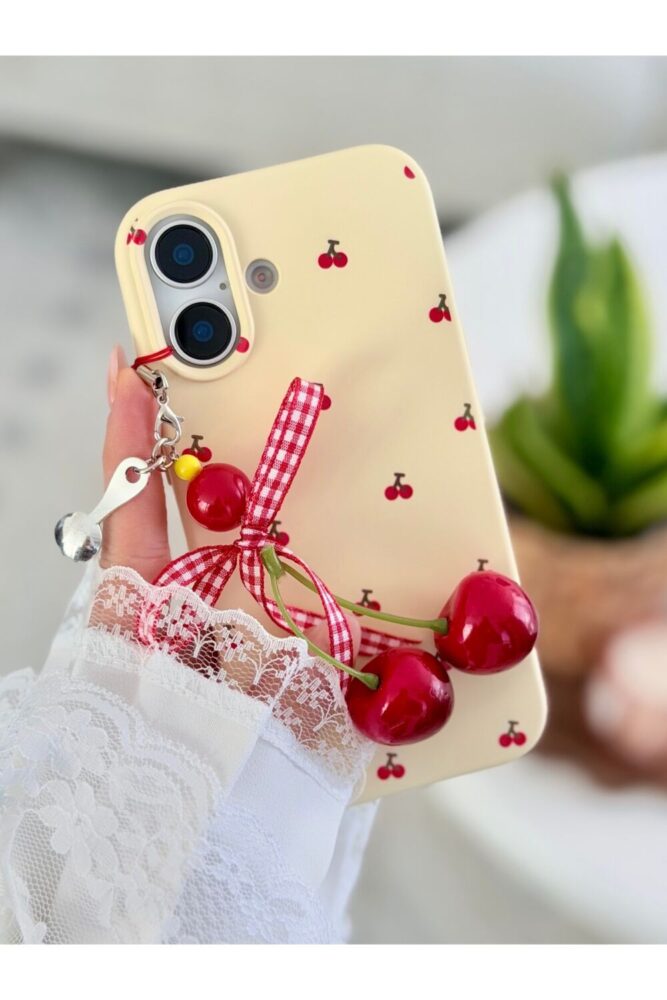 Go Aksesuar Iphone 16 Uyumlu Charm Kiraz Tasarımlı Oyuncaklı Esnek Silikon Kılıf - Görsel 2