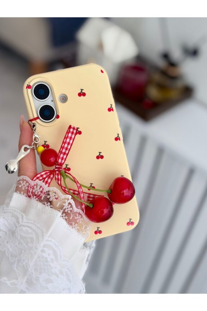 Go Aksesuar Iphone 16 Uyumlu Charm Kiraz Tasarımlı Oyuncaklı Esnek Silikon Kılıf - Görsel 3