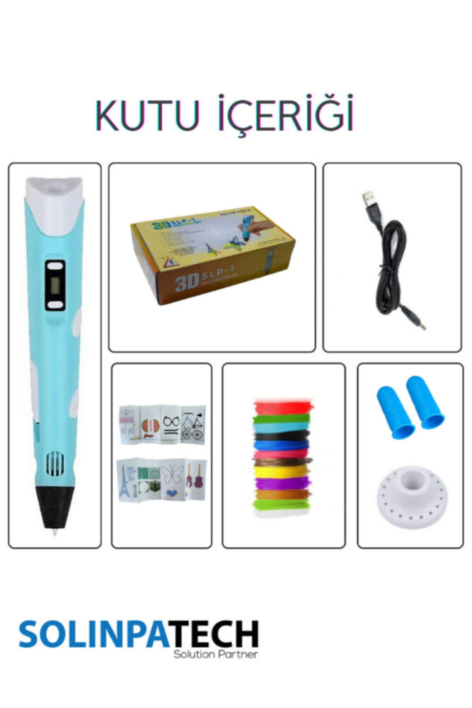 SolinpaTech Mavi̇ 3d Kalem 3d Pen Yazıcı Kalem | Çok Renkli (toplam 59 Metre) Filament Usb Kablo - Görsel 2