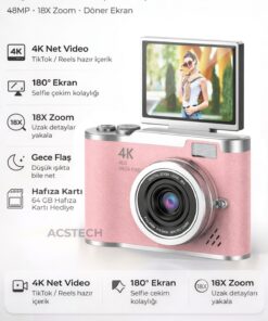 ACSTECH 4K Dijital Fotoğraf Makinesi 48MP Flip Ekran 18X Zoom Flaşlı 64GB Hediyeli Türkçe Menü