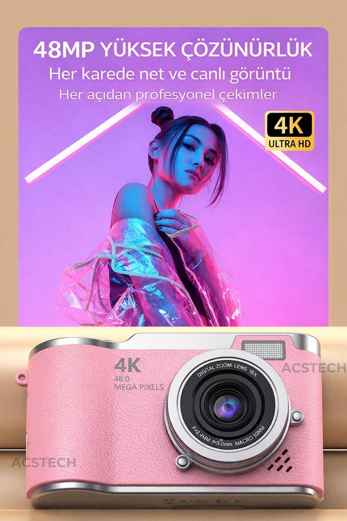 ACSTECH 4K Dijital Fotoğraf Makinesi 48MP Flip Ekran 18X Zoom Flaşlı 64GB Hediyeli Türkçe Menü - Görsel 3