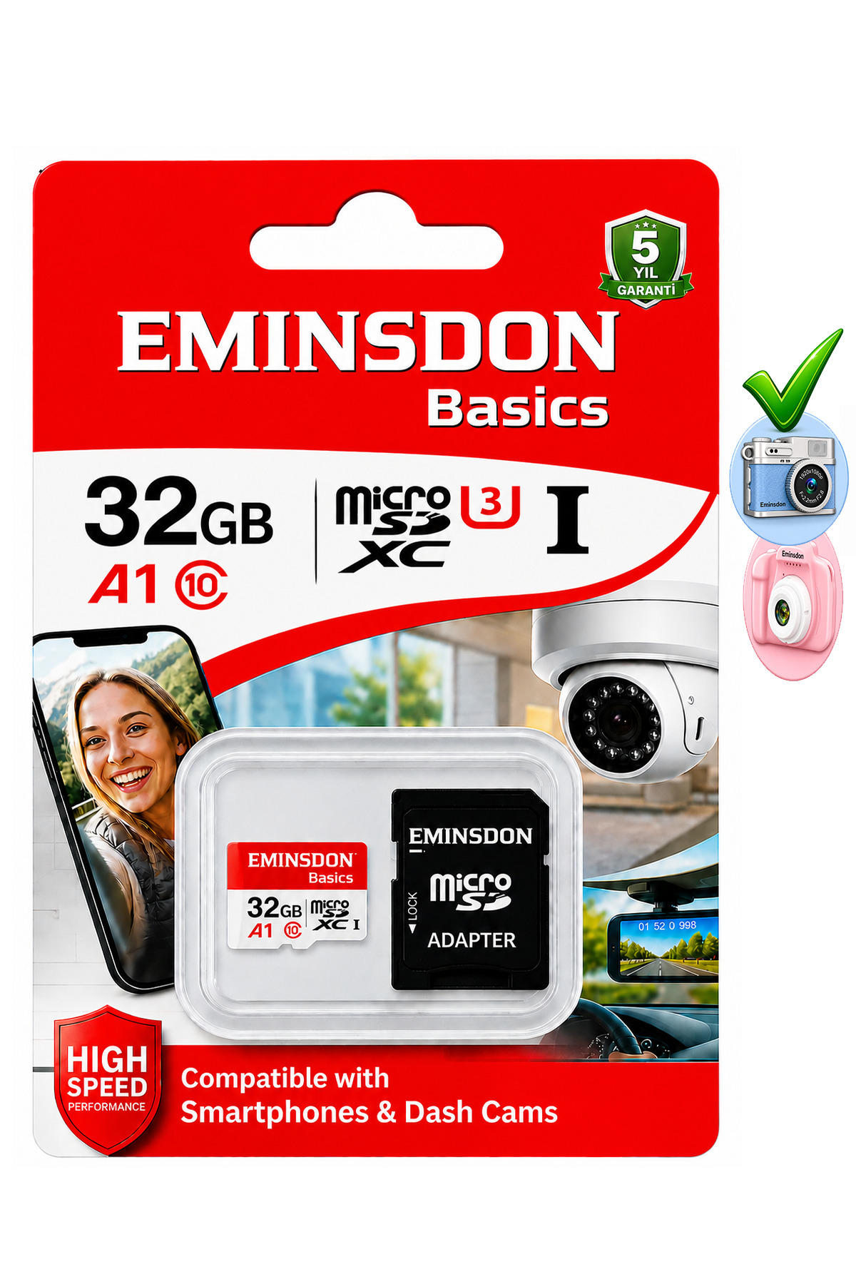 EMiNSDON 32GB Hafıza Kartı Mini Kamera Ev Araç Güvenlik Kamerası Uyumlu Telefon Micro SD Class10
