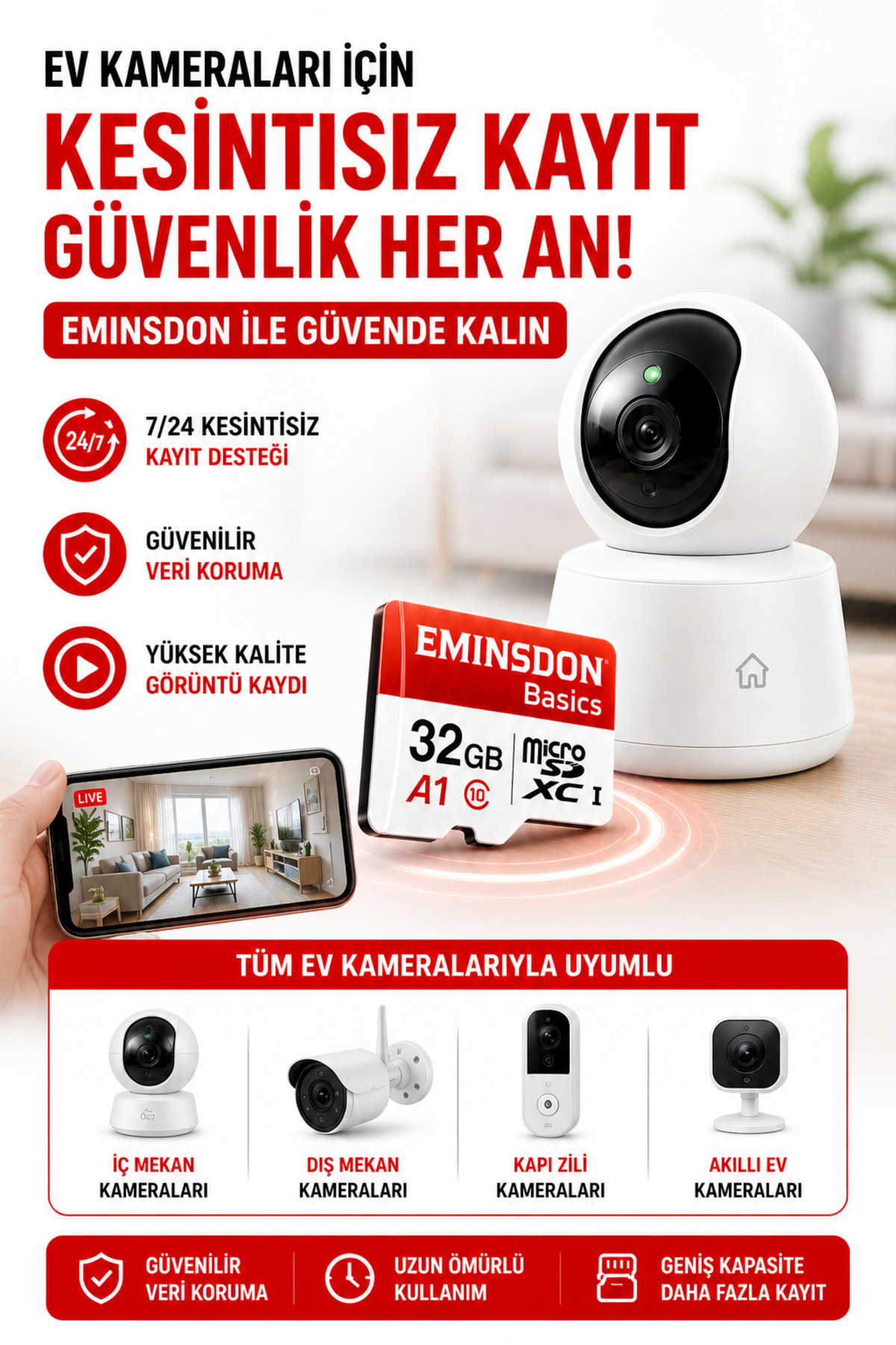 EMiNSDON 32GB Hafıza Kartı Mini Kamera Ev Araç Güvenlik Kamerası Uyumlu Telefon Micro SD Class10 - Görsel 3