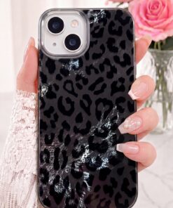 Fibaks iPhone 13/14/15 Kılıf Hologramlı Siyah Leopar Desenli Darbe Emici Kamera Korumalı Silikon