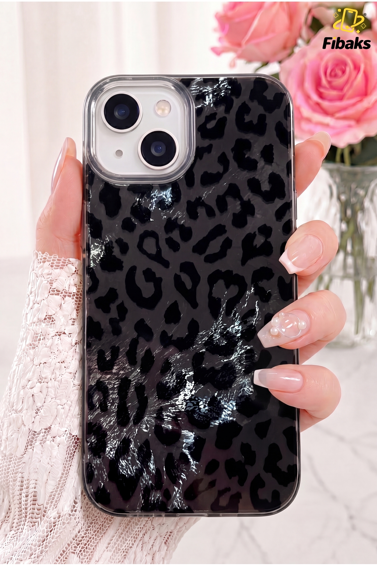 Fibaks iPhone 13/14/15 Kılıf Hologramlı Siyah Leopar Desenli Darbe Emici Kamera Korumalı Silikon