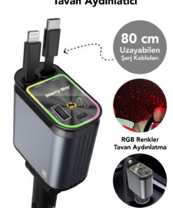 mimtec 66W Akıllı Araç Şarjı LED Aydınlatmalı 4in1 Çift Kablolu 3.4A Araç İçi Çakmaklık Şarj Aleti