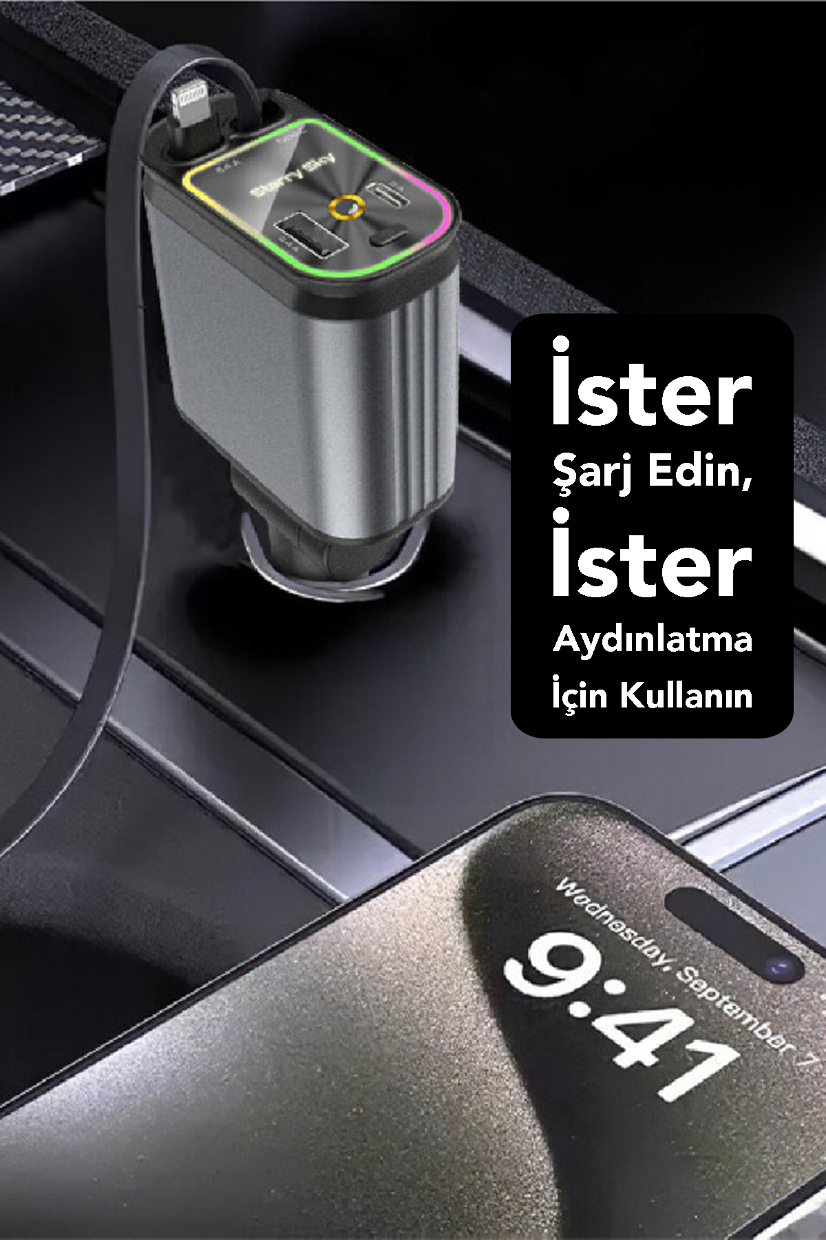 mimtec 66W Akıllı Araç Şarjı LED Aydınlatmalı 4in1 Çift Kablolu 3.4A Araç İçi Çakmaklık Şarj Aleti - Görsel 3