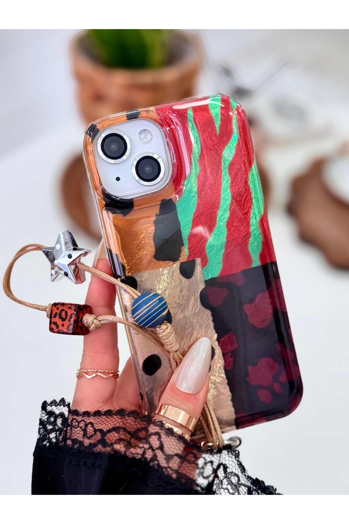 Go Aksesuar Iphone 15 - 14 - 13 Uyumlu Shine Charm Leopar Renk Geçişli Parlak Tasarımlı Silikon Kılıf