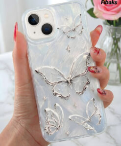 Alternative view of Fibaks iPhone 13/14/15 Kılıf Tüylü Hologram Kelebek Desenli Darbe Emici Kamera Korumalı Silikon
