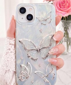 Fibaks iPhone 13/14/15 Kılıf Tüylü Hologram Kelebek Desenli Darbe Emici Kamera Korumalı Silikon