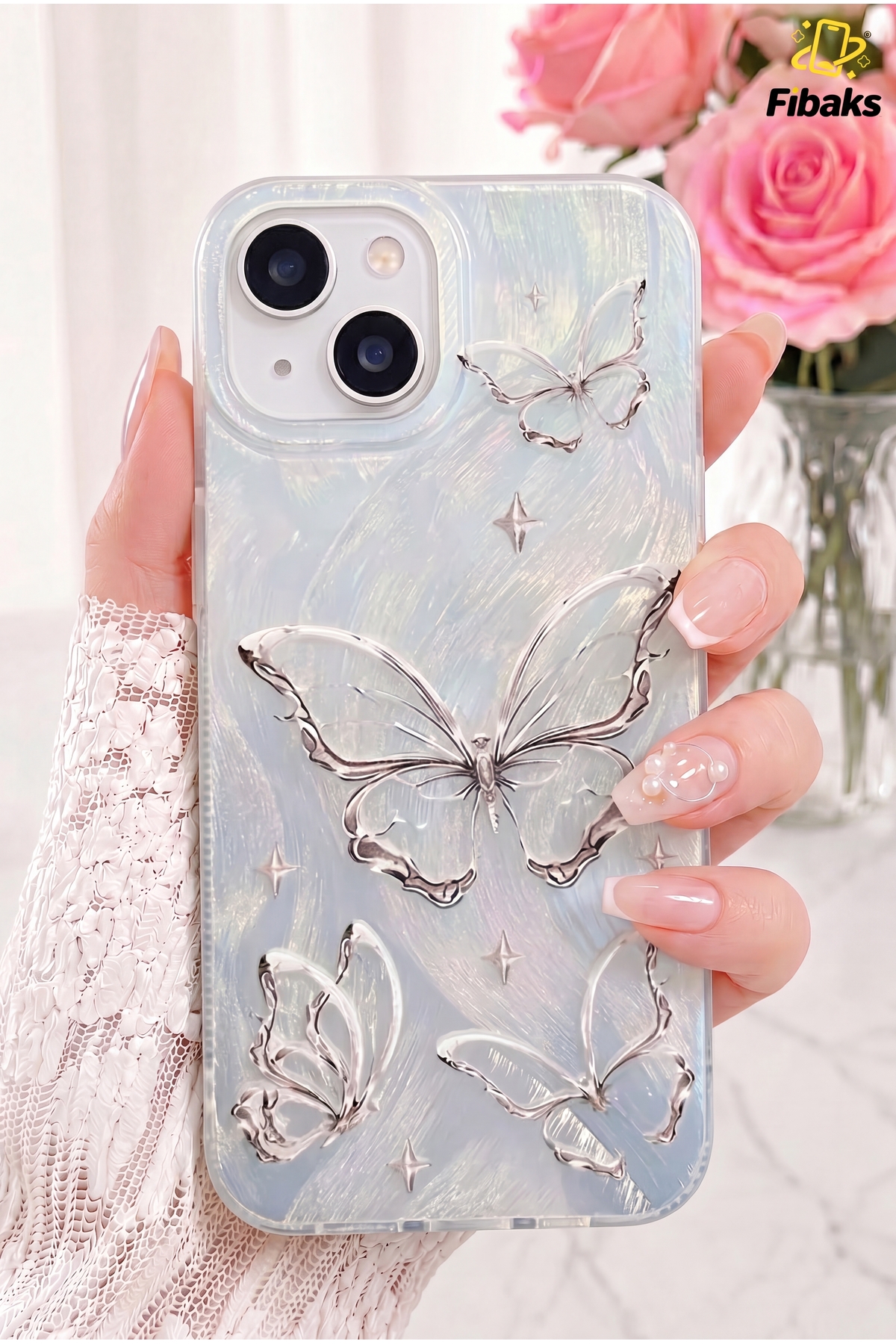 Fibaks iPhone 13/14/15 Kılıf Tüylü Hologram Kelebek Desenli Darbe Emici Kamera Korumalı Silikon