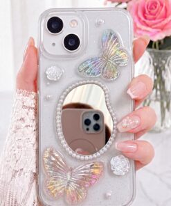 Fibaks iPhone 13/14/15 Kılıf 3D Kelebek Gül Desenli Aynalı Simli Şeffaf Tasarımlı Silikon Kapak