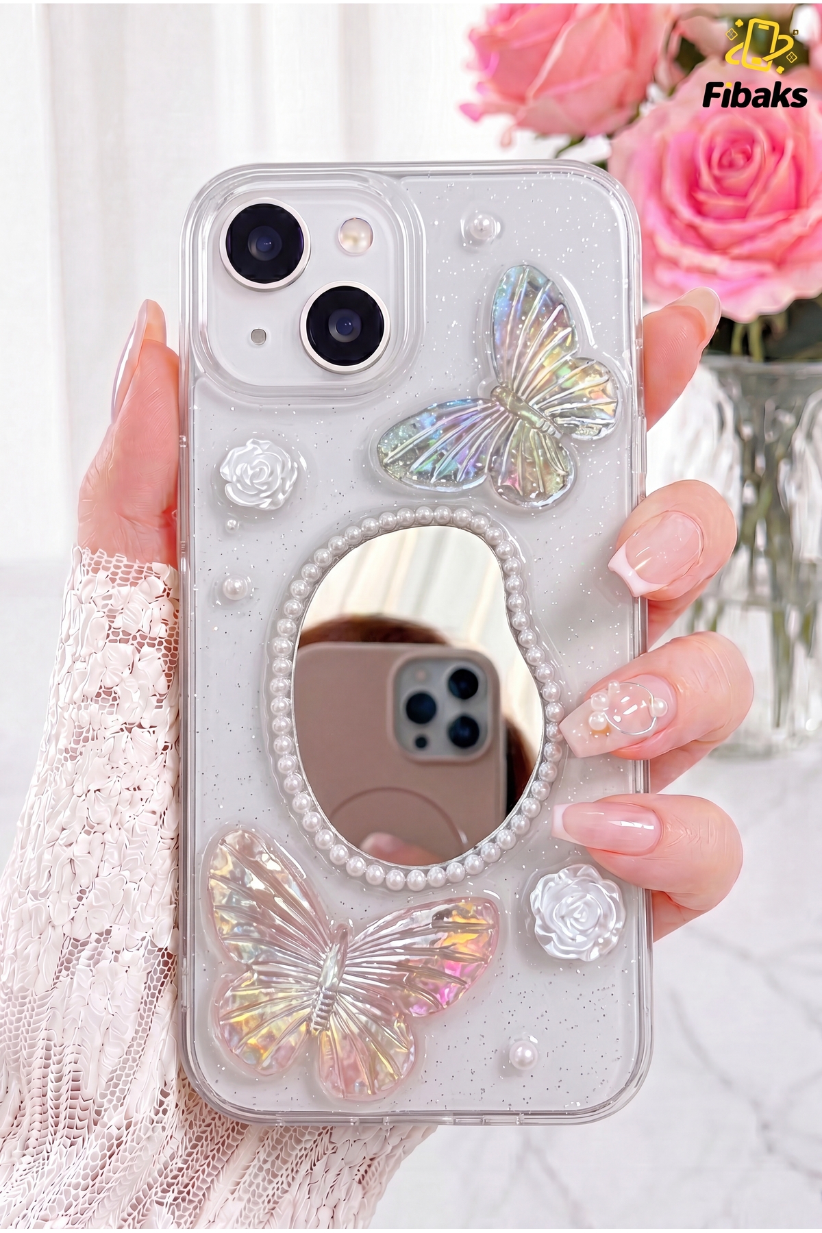 Fibaks iPhone 13/14/15 Kılıf 3D Kelebek Gül Desenli Aynalı Simli Şeffaf Tasarımlı Silikon Kapak