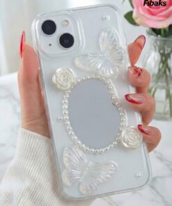 Fibaks iPhone 13/14/15 Kılıf 3D Kelebek Gül Desenli Aynalı Simli Şeffaf Tasarımlı Silikon Kapak - Görsel 3