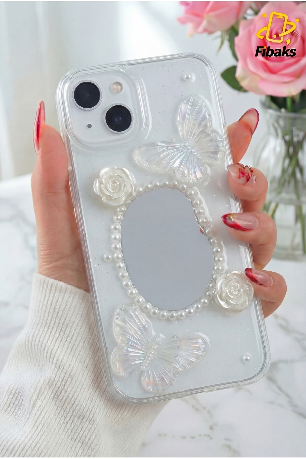 Fibaks iPhone 13/14/15 Kılıf 3D Kelebek Gül Desenli Aynalı Simli Şeffaf Tasarımlı Silikon Kapak - Görsel 3
