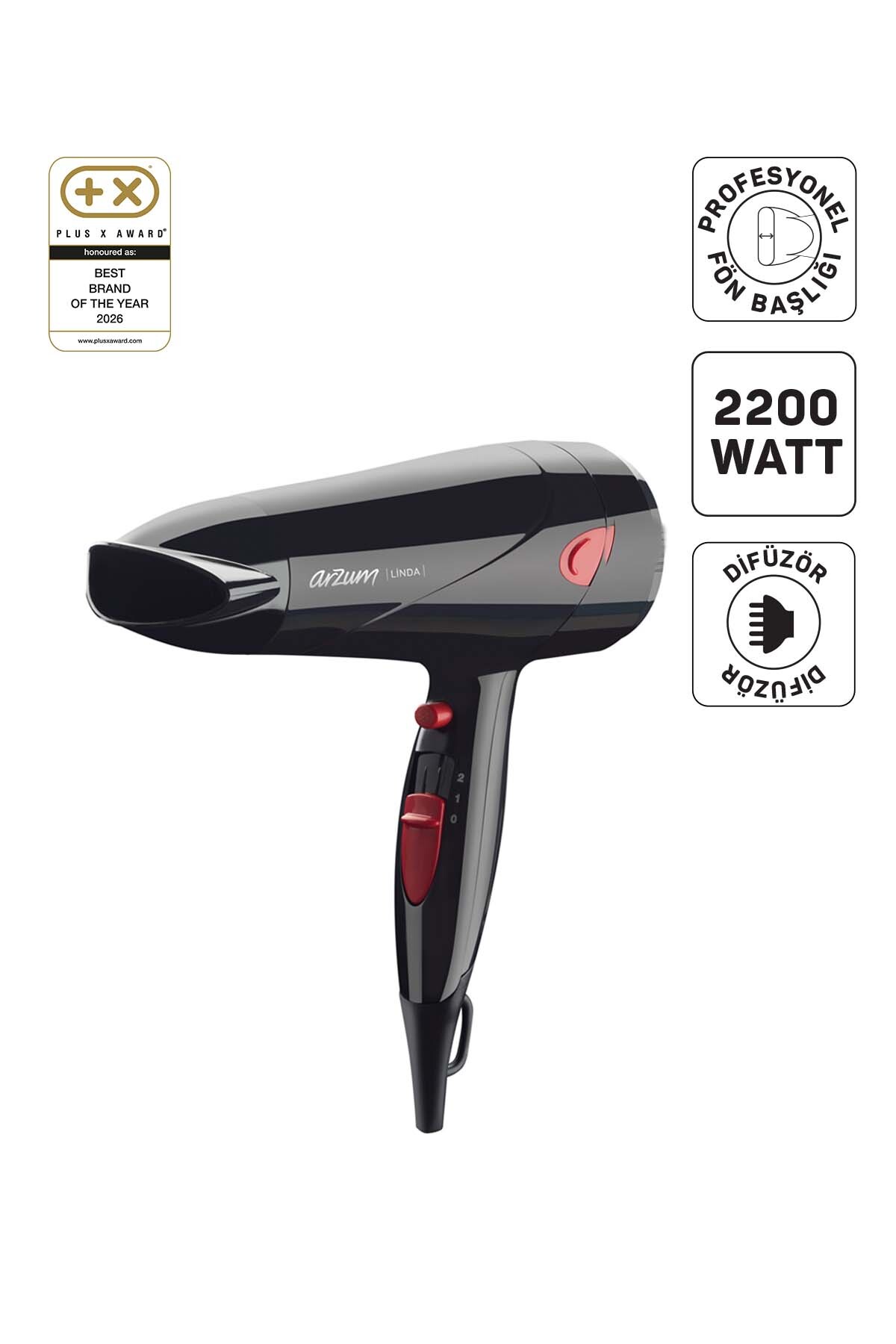 Arzum AR569 Linda Saç Kurutma Makinesi 2 Hız Ayarı, Soğuk Hava ve Difüzör, 2000W, Siyah