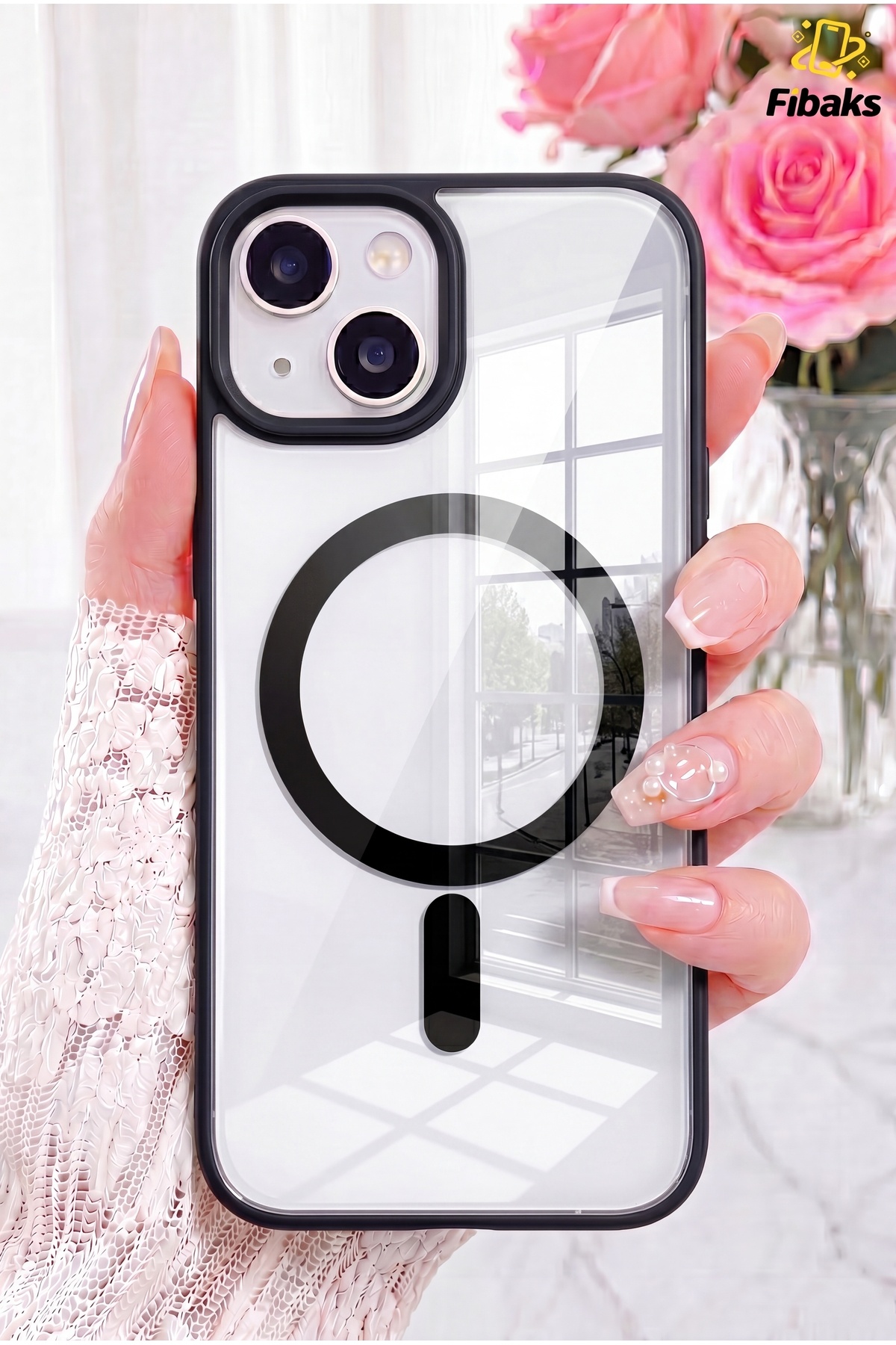 Fibaks iPhone 13/14/15 Kılıf Magsafe Wireless Şarj Özellikli Tam Koruma Renkli Sert Silikon Kapak Siyah
