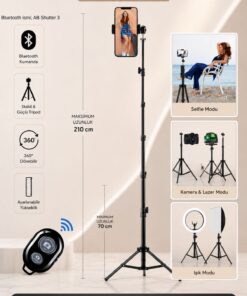 Asfal Bluetooth Kumandalı 210 Cm Tripod Telefon Tutuculu Selfie Çubuğu Telefon, Kamera Ve Lamba Tripodu