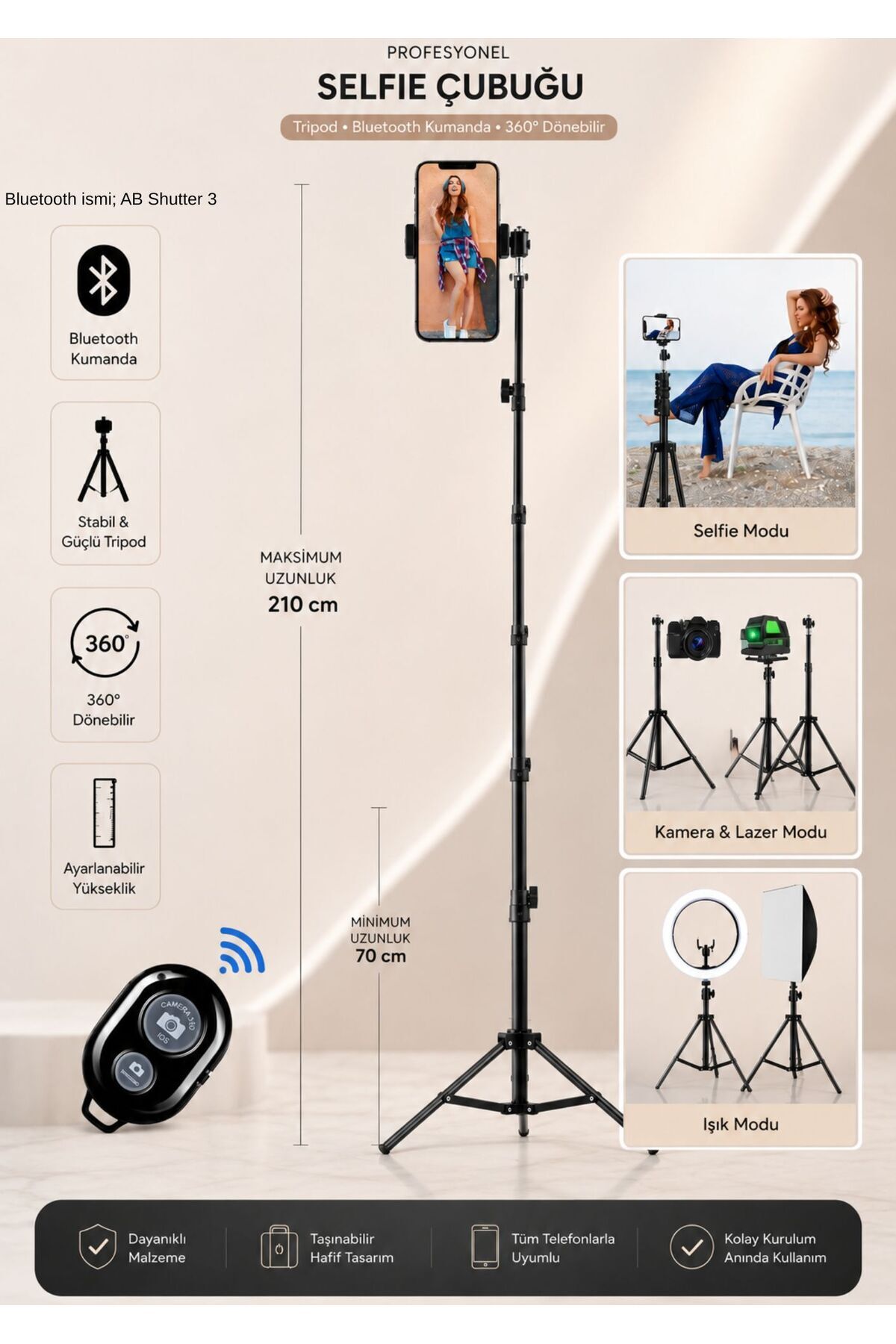 Asfal Bluetooth Kumandalı 210 Cm Tripod Telefon Tutuculu Selfie Çubuğu Telefon, Kamera Ve Lamba Tripodu