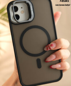 Fibaks iPhone 11 Kılıf Standlı Mat Magsafe Metal Tuşlu Kamera Lens Hediyeli Wonk Kapak - Görsel 3