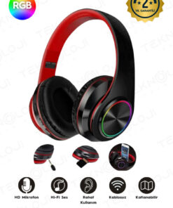 Teknoloji Gelsin Kablosuz Kulaklık Bluetooth Mikrofonlu Kulaküstü Kulaklık Led Işıklı Katlanabilir SİYAH-KIRMIZI