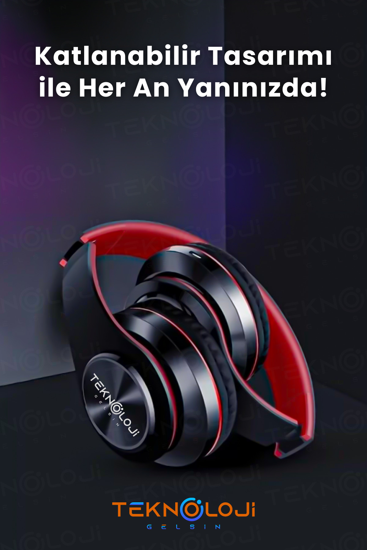 Teknoloji Gelsin Kablosuz Kulaklık Bluetooth Mikrofonlu Kulaküstü Kulaklık Led Işıklı Katlanabilir SİYAH-KIRMIZI - Görsel 3