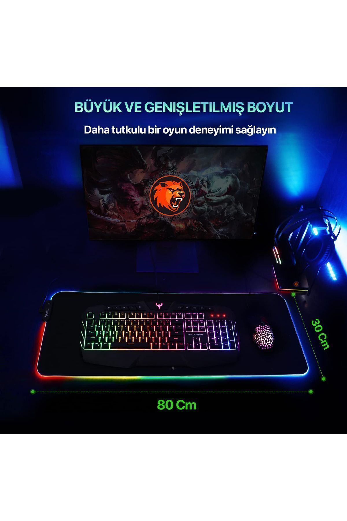 Voground Rgb Led Gaming Mousepad Siyah Kaymaz Su Geçirmez Xl Mause Pad 80x30 Cm - Görsel 3