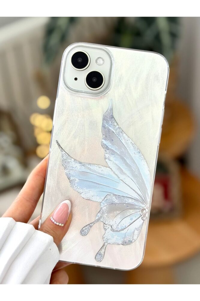 Go Aksesuar Iphone 15 - 14 - 13 Uyumlu Shine Platin Kelebek Renk Geçişli Parlak Tasarımlı Silikon Kılıf - Görsel 2