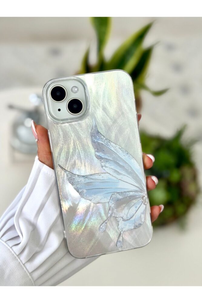 Go Aksesuar Iphone 15 - 14 - 13 Uyumlu Shine Platin Kelebek Renk Geçişli Parlak Tasarımlı Silikon Kılıf - Görsel 3