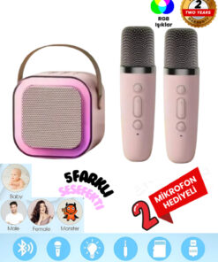 Teknoloji Gelsin Çift Karaoke Mikrofonlu Kablosuz Bluetooth Hoparlör 5 Ses Efektli Rgb Hd Stereo Ses Usb/Sd/FM