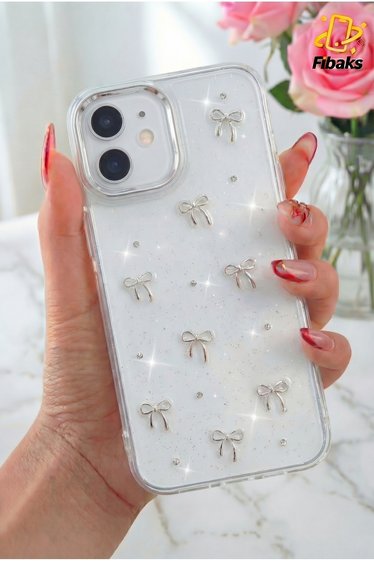Fibaks iPhone 11 Kılıf Taşlı Parlak Dalga Desenli Kamera Çerçeveli Darbe Emici Korumalı Silikon Gümüş - Görsel 3