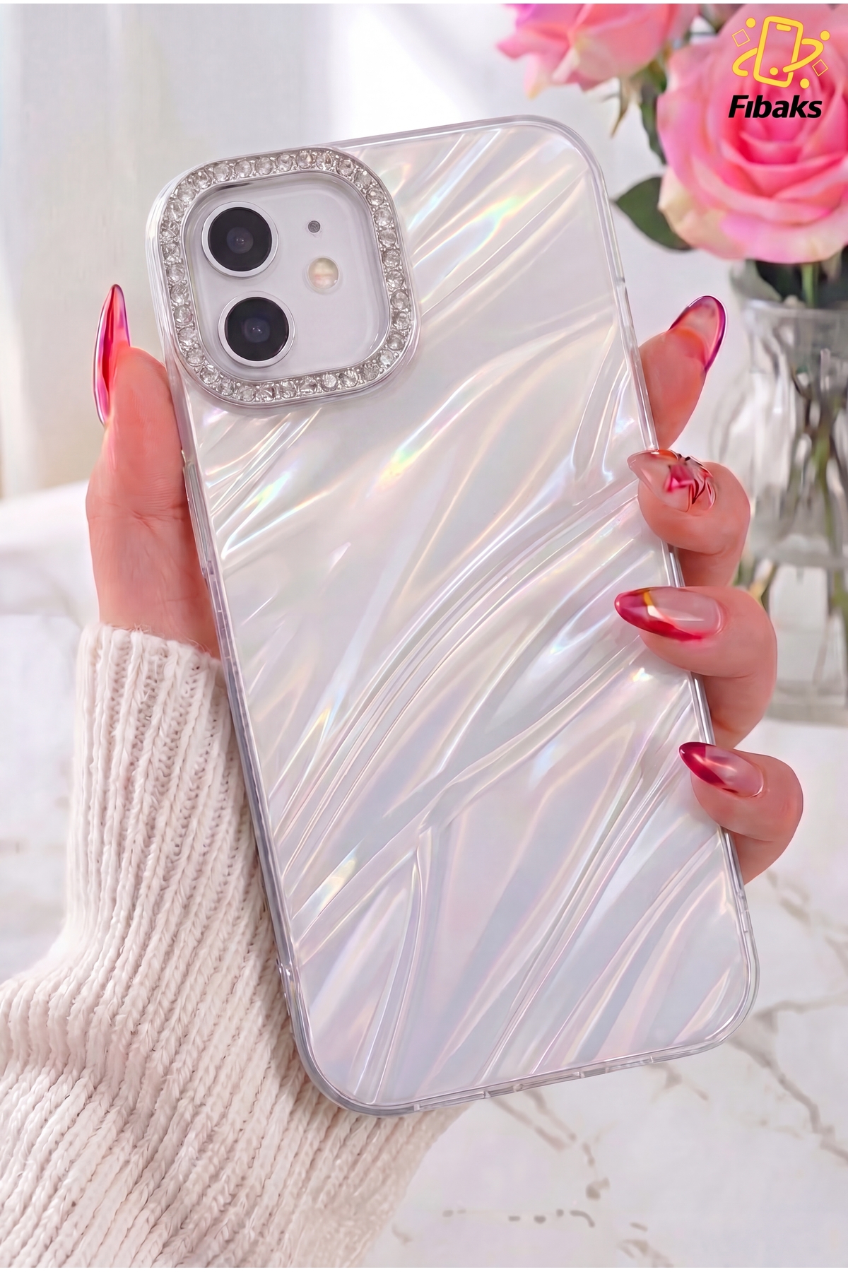 Fibaks iPhone 11 Kılıf Taşlı Parlak Dalga Desenli Kamera Çerçeveli Darbe Emici Korumalı Silikon Gümüş