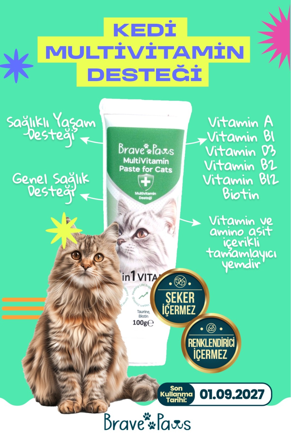 BRAVE PAWS Kedi Multivitamin Kedi Malt Macunu Kedi Vitamini 11 Vitaminli