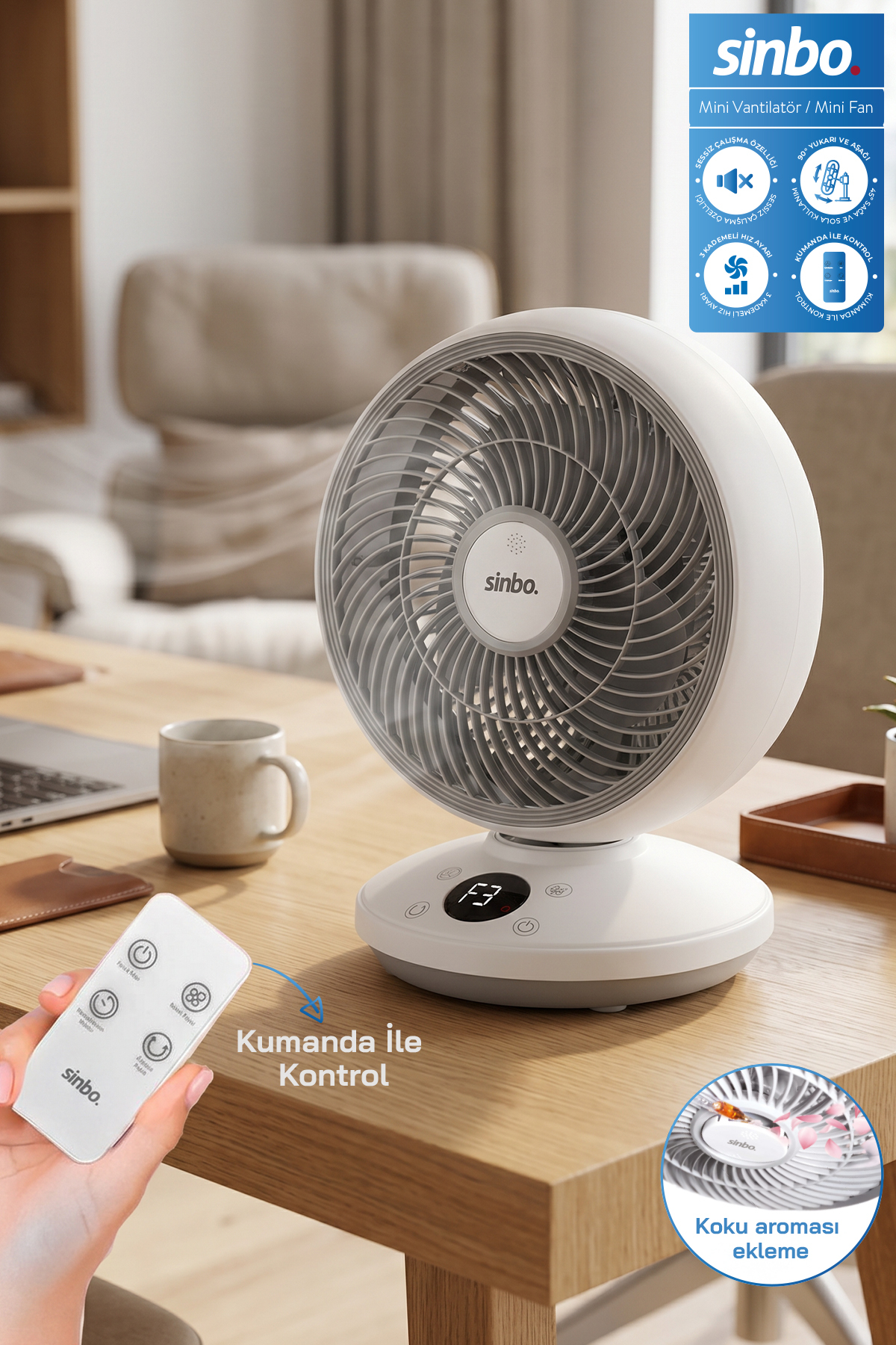Sinbo SF-7702 Uzaktan Kumandalı Sessiz Mini Vantilatör Aroma Terapi Koku Yuvalı Otomatik Salınımlı