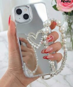 Alternative view of Fibaks iPhone 13/14/15 Kılıf Aynalı İnci Charm Askılı Kalp Tasarımlı Desenli Silikon Kapak