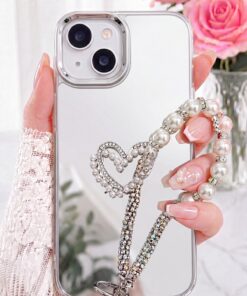 Fibaks iPhone 13/14/15 Kılıf Aynalı İnci Charm Askılı Kalp Tasarımlı Desenli Silikon Kapak