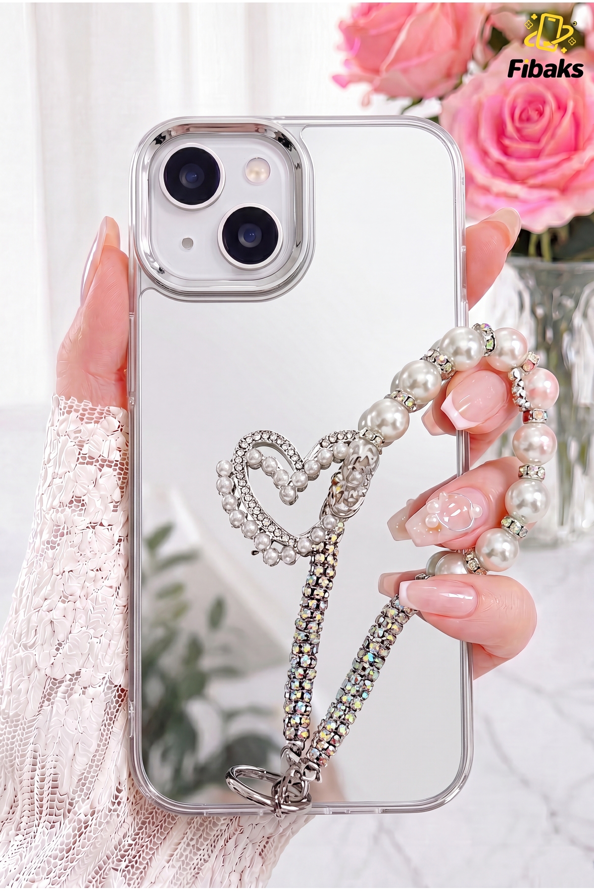 Fibaks iPhone 13/14/15 Kılıf Aynalı İnci Charm Askılı Kalp Tasarımlı Desenli Silikon Kapak
