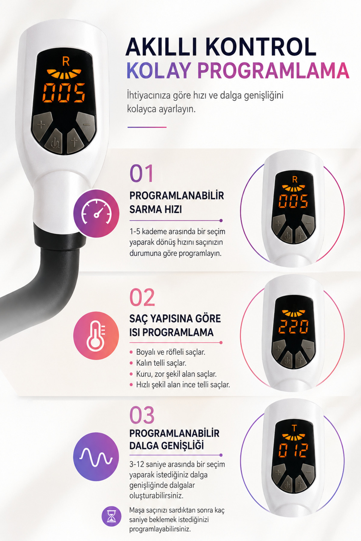 Hairens HRS-430 Otomatik Saç Maşası 32 mm Kalın Su Dalgası - Beyaz - Görsel 3