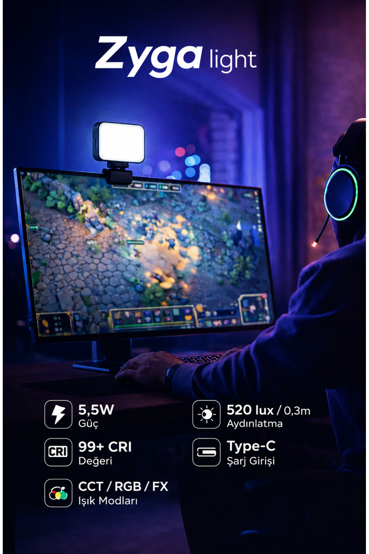 Zyga 105 LED RGB Selfie Işığı | 3200K–6500K Ayarlı | Telefon & Kamera Uyumlu Universal - Görsel 3