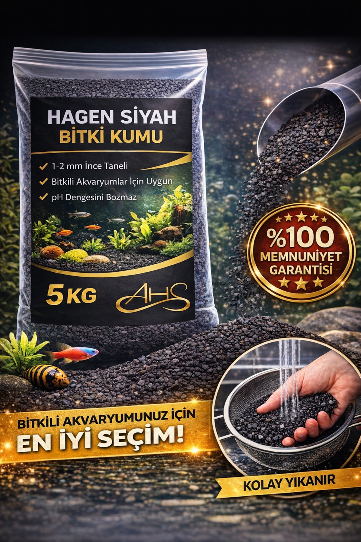 AHS 5 KG Hagen Siyah Bitki Kumu 1–2 mm | Bitkili Akvaryum Taban Kumu | pH Nötr Doğal Kum