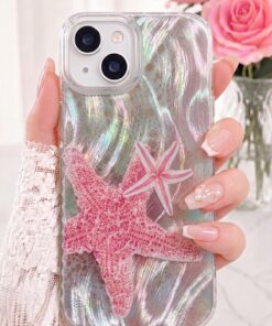 Fibaks iPhone 13/14/15 Kılıf Hologramlı Pembe Deniz Yıldızı Desenli Darbe Emici Kamera Korumalı Silikon