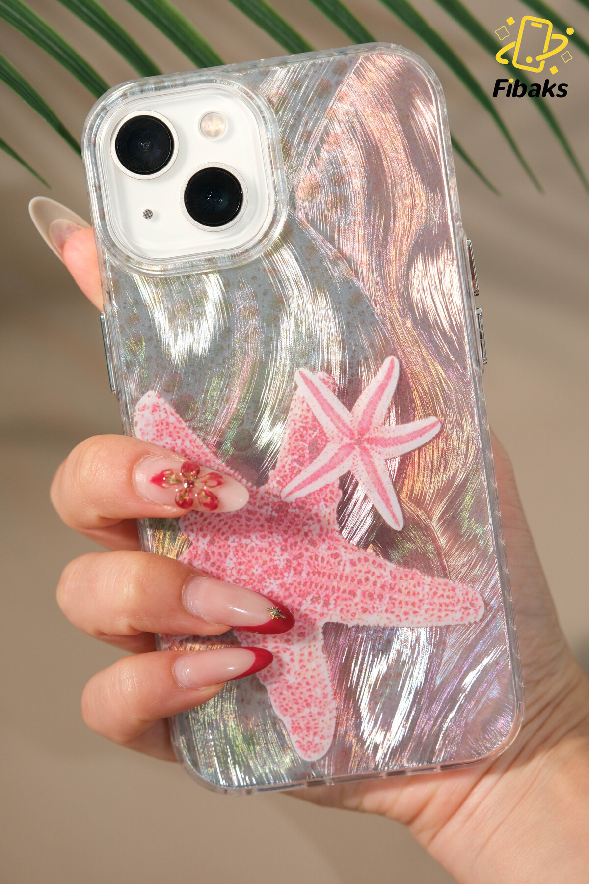 Fibaks iPhone 13/14/15 Kılıf Hologramlı Pembe Deniz Yıldızı Desenli Darbe Emici Kamera Korumalı Silikon - Görsel 3